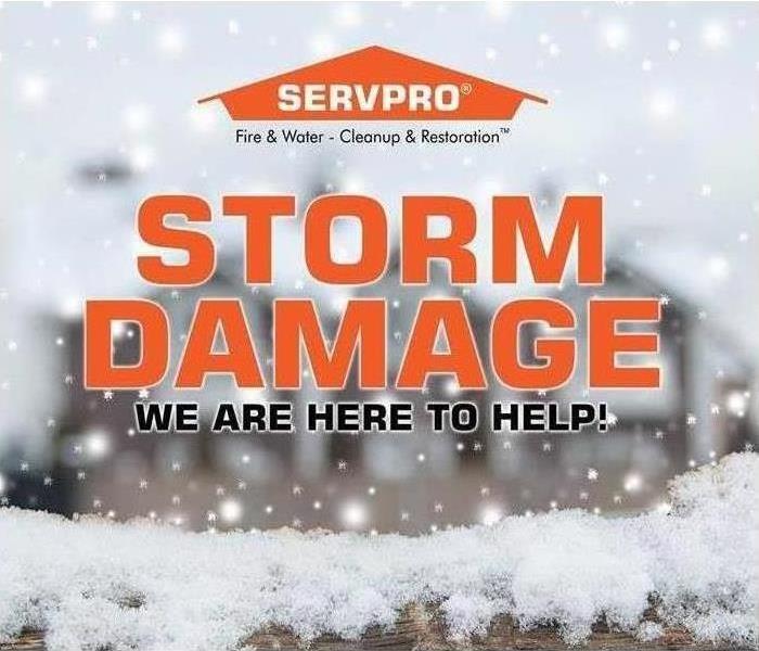 Snowy background, says Storm Damage, We are here to help, with SERVPRO logo at the top