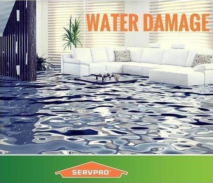 room full of water, white couch covered in water, large orange letter saying WATER DAMAGE, SERVPRO logo at the bottom